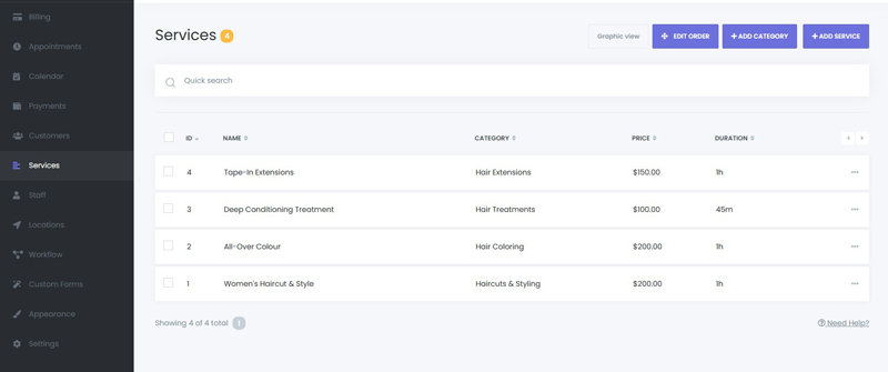 Calandr Service Menu