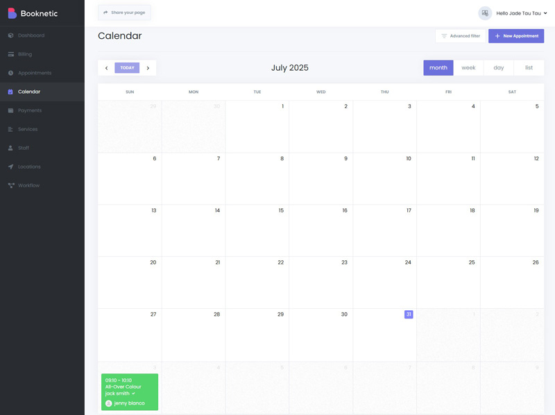 A client's view of the simple booking and payment page